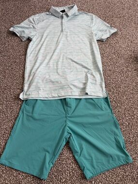 Kenneth Cole Light Blue Striped Polo with Teal Shorts